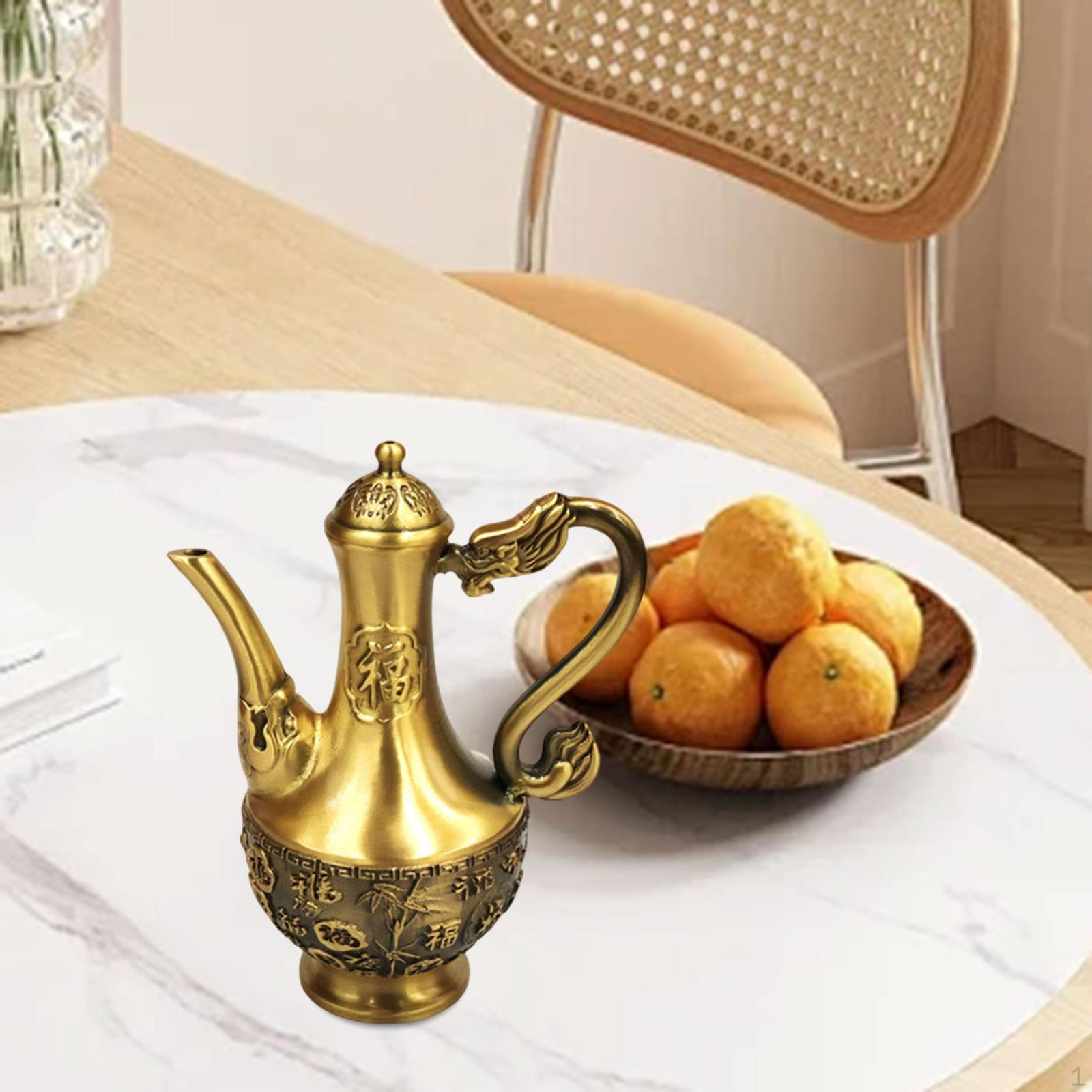 

Латунный чайник для заваривания чая, кувшин для напитков, легко моется, художественный декор, ручной орнамент, чайник для рабочего стола, для помещений Fu character