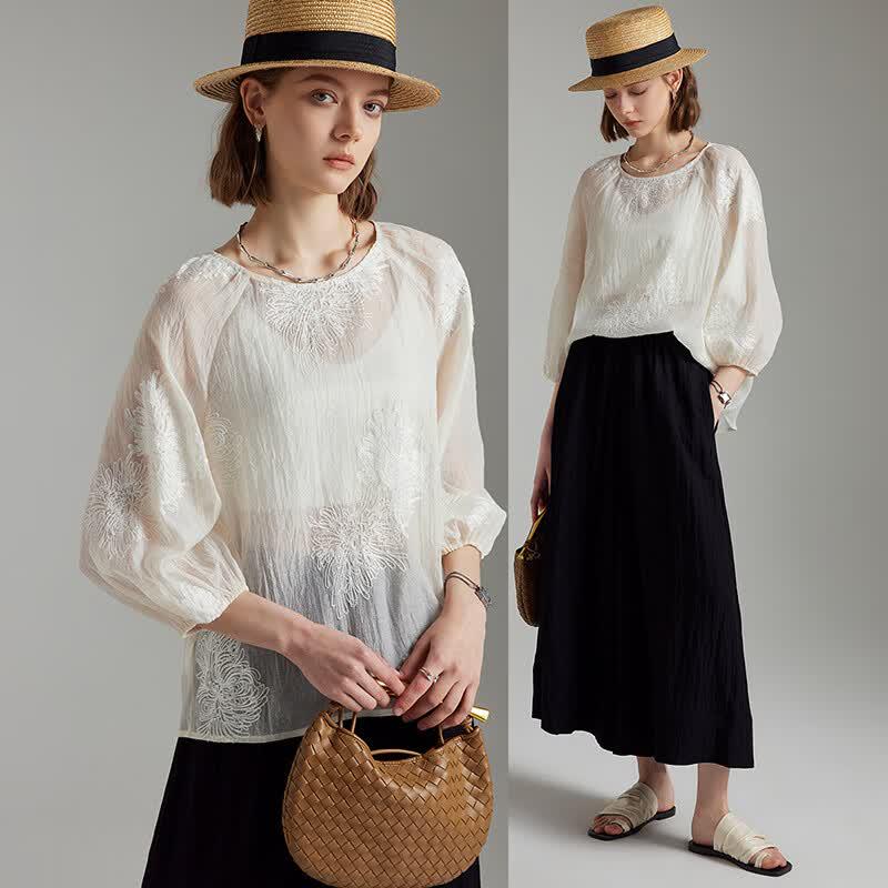 Women s Resort Embroidered Jacquard Loose T-Shirt L