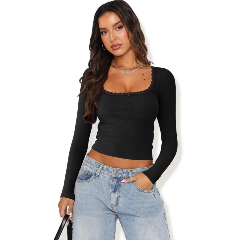 

Новая футболка с длинными рукавами, женская облегающая кружевная рубашка с U-образным вырезом S чёрный