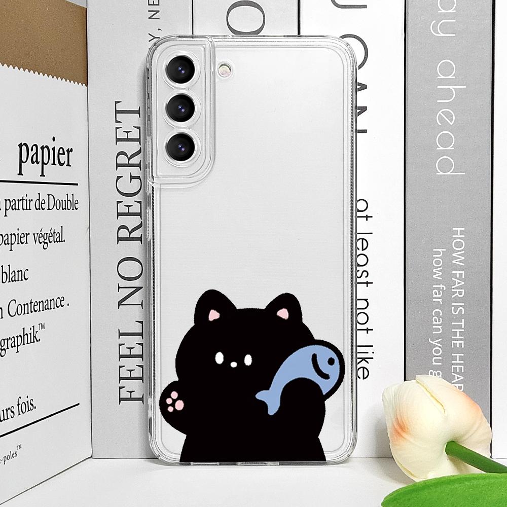 Funny Cartoon Cat Fish Couple Paired Phone Case for Samsung Galaxy S25 Ultra S24 S23 S22 S21 S20 Plus FE A55 5G Clear Soft Cover