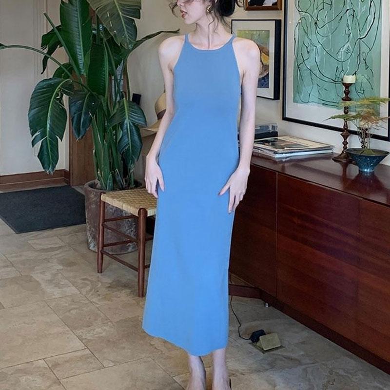 Solid Color Slip Dresses Sexy Elegant Sleeveless Summer Vintage Basic Slim Fashion Waist Bag Hip Long Dress