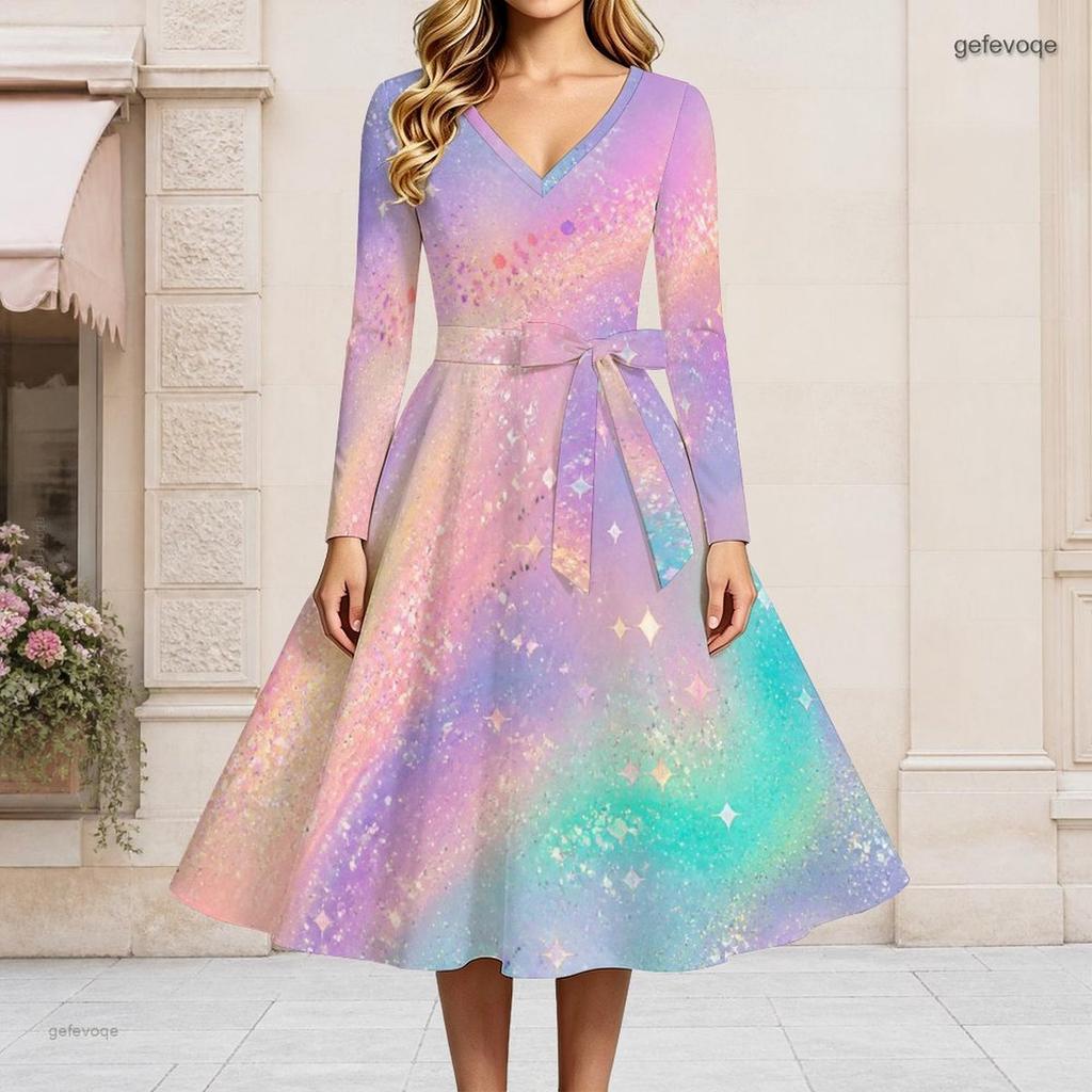 Women Plus Size V Neck Long Sleeve Printed Pastel Galaxy Tie Waist A Line Flared Dress