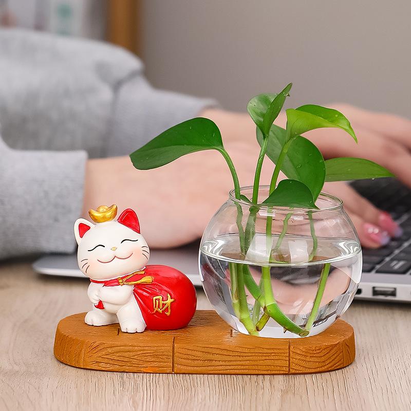 Zhaocai Cat Hydroponic Creative Vase Utensils Vase Living Room Office Desktop Decoration Zhaocai Cat Green Rose Hydroponic