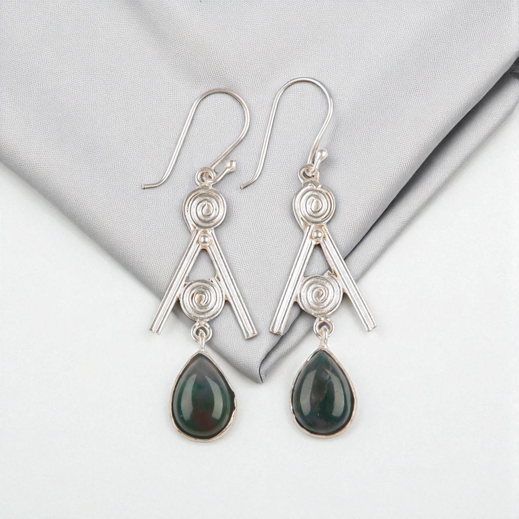 Rare Moss Agate Gemstone 925 Sterling Silver Jewelry Handmade Hook Earrings 2.4" EE-86-28