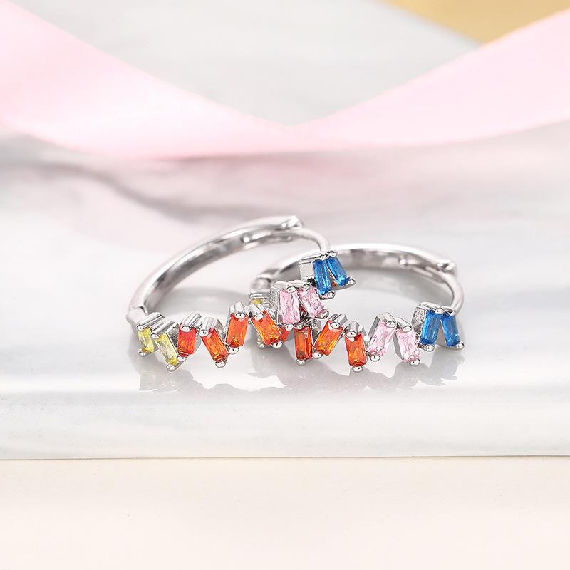 Silver Plated Rainbow Baguette CZ Huggie Hoops, Colorful Gradient Small Hoop Earrings for Women