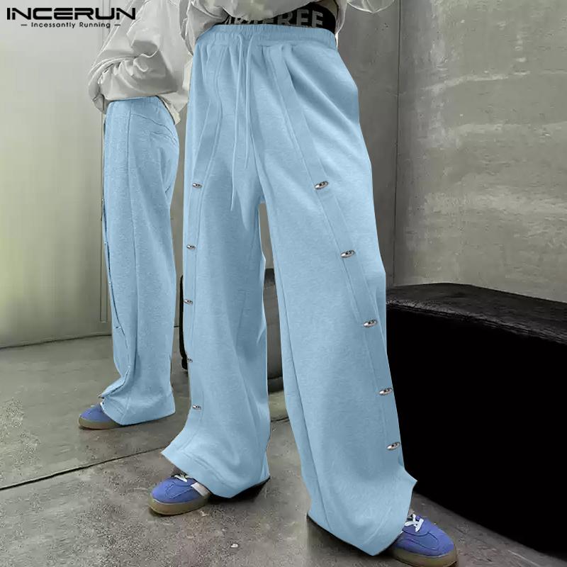 INCERUN Pantaloni lungi de primăvară cu talie înaltă pentru bărbați, casual, cu crăpături, nasturi și șnur