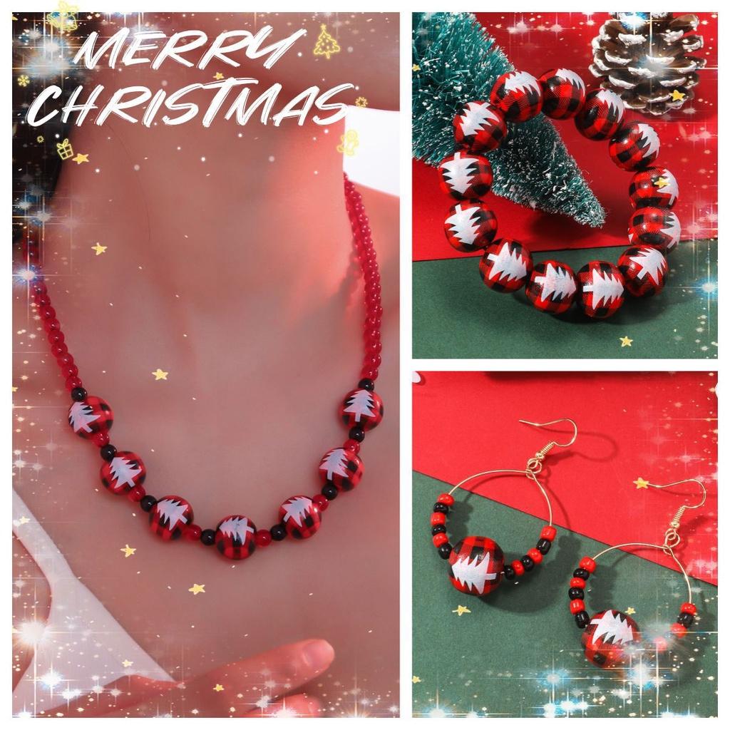 Creative And Fashionable Christmas Tree Printed Wood Bead Necklace Set Wholesale Accessories