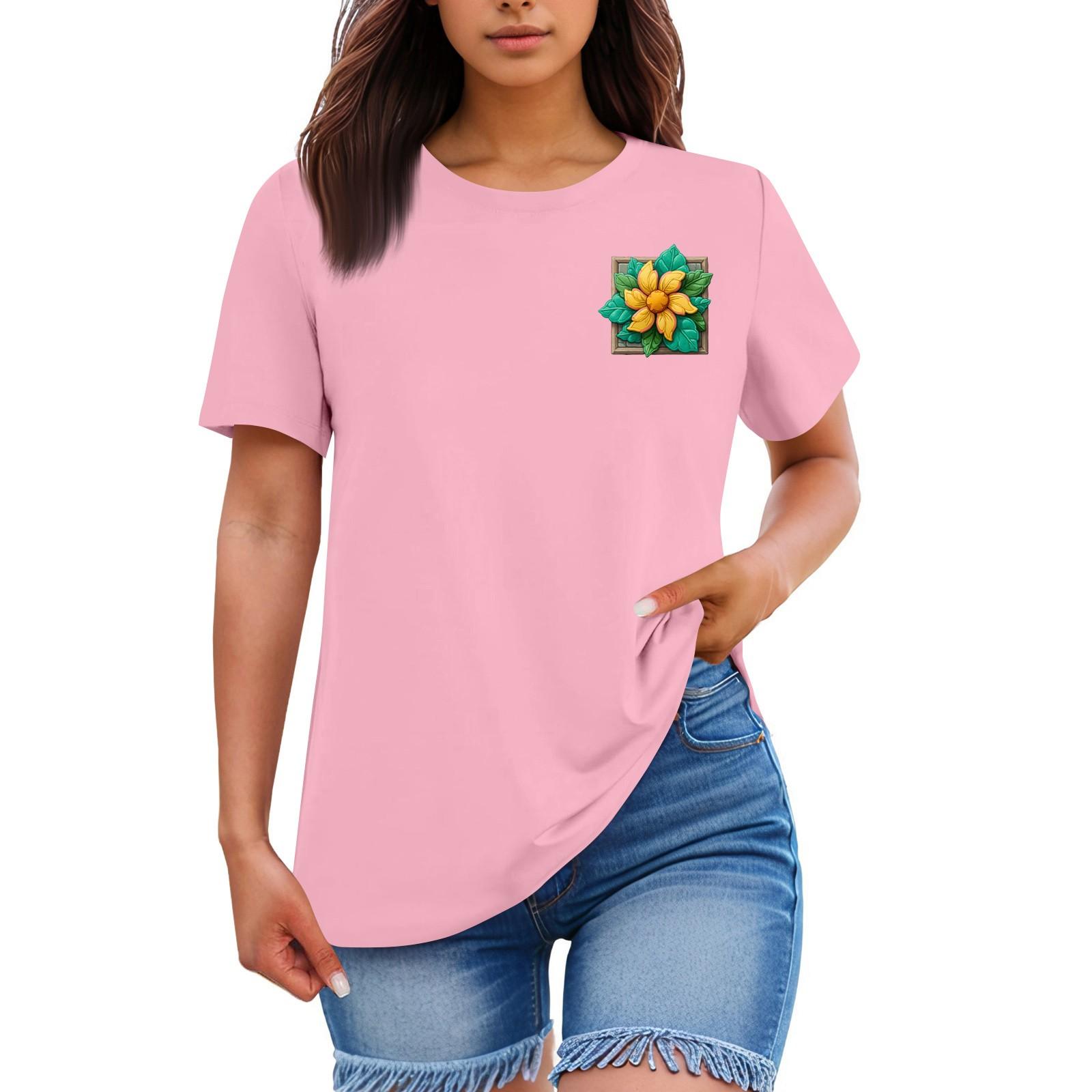 

Ladies Loose Comfortable Casual Fashionable Plant Flower Printed Round Neck Short Sleeved Shirt XXL рожевий