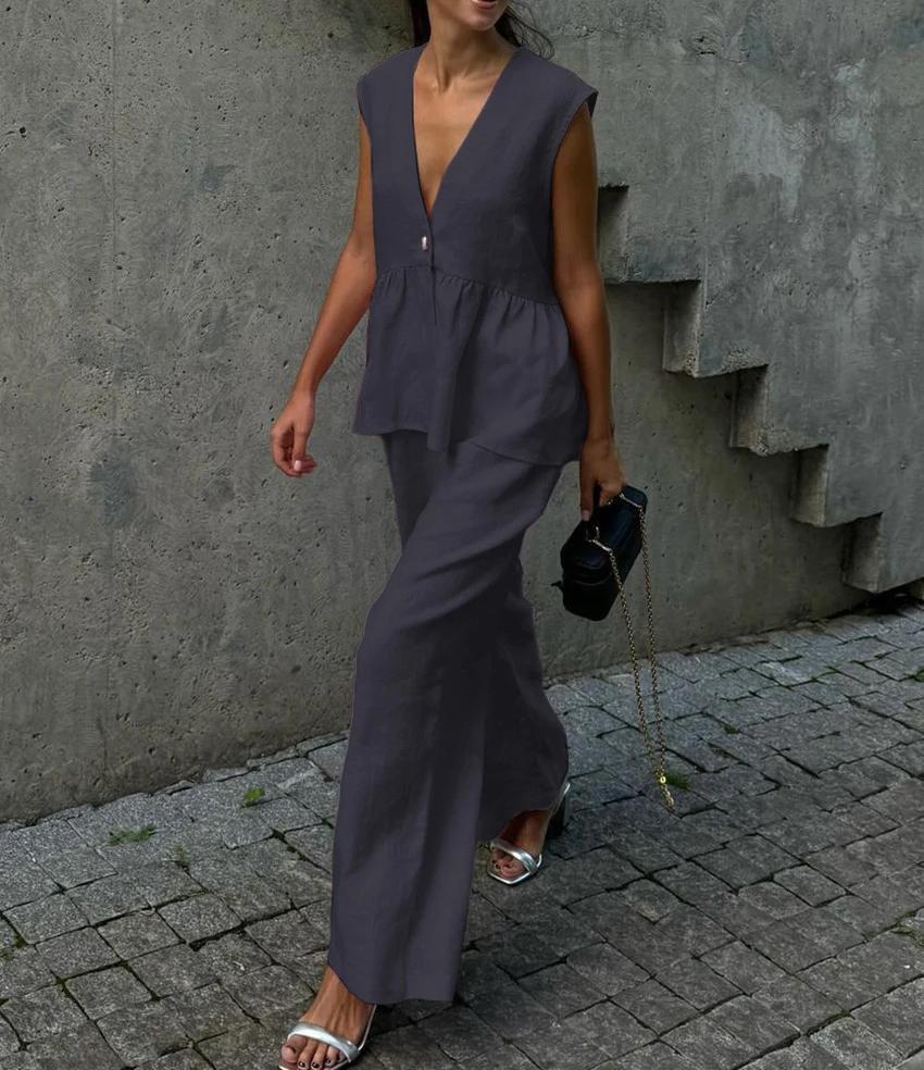 2025 Women's European-American Solid Color V-Neck Sleeveless Top & Long Pants Two-Piece Set - Stylish & Comfy