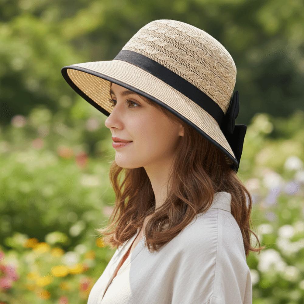 Fashion Breathable Straw Hat Ponytail Hole Wide Brim Sun Hat Bow-tied Solid Color Summer Hat Women