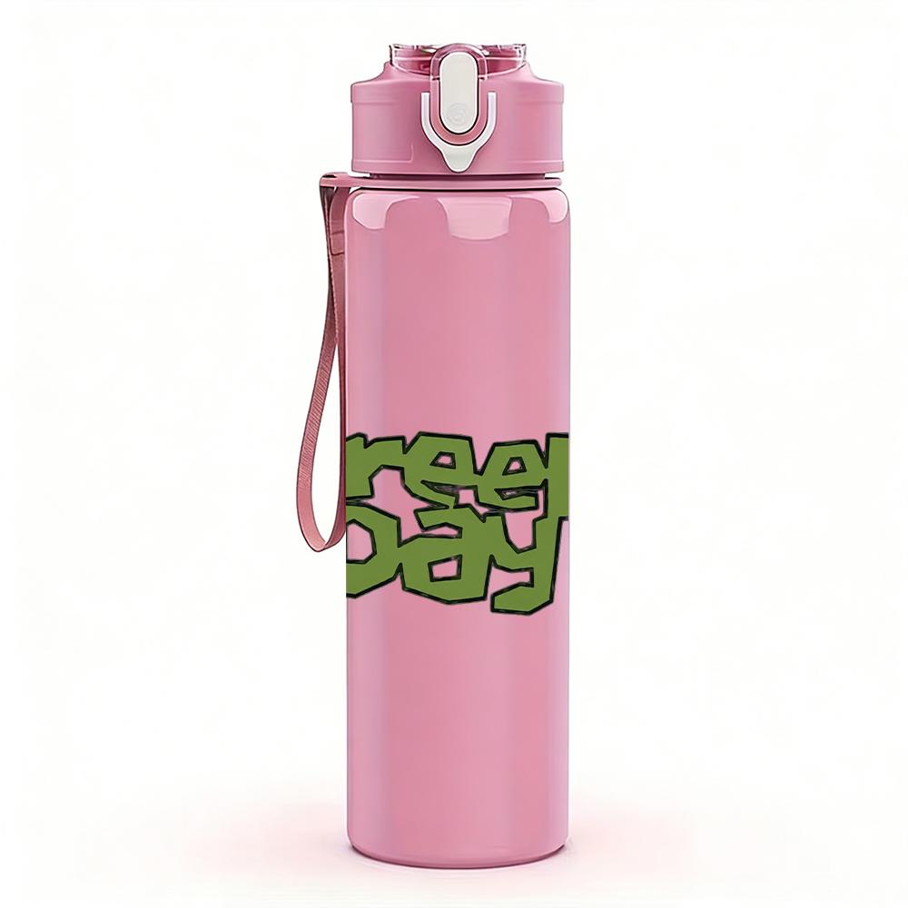 1PC Green Day Band Text Logo Print 750ml Colorful Plastic Sports Water Bottle Leakproof Pop Lid with Straw for Outdoor Office Home Use
