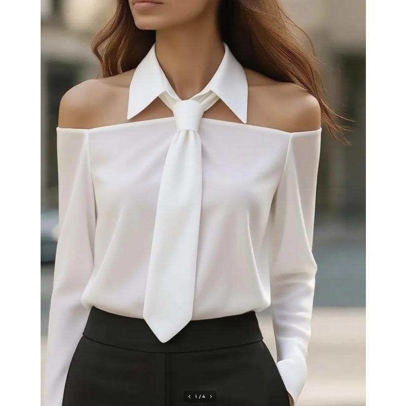 New Elegant Off-Shoulder Long Sleeve Women Tie Shirts Fashion Spring and Autumn Sexy Blouse Woman Lapel Casual Sweet Solid Color Top