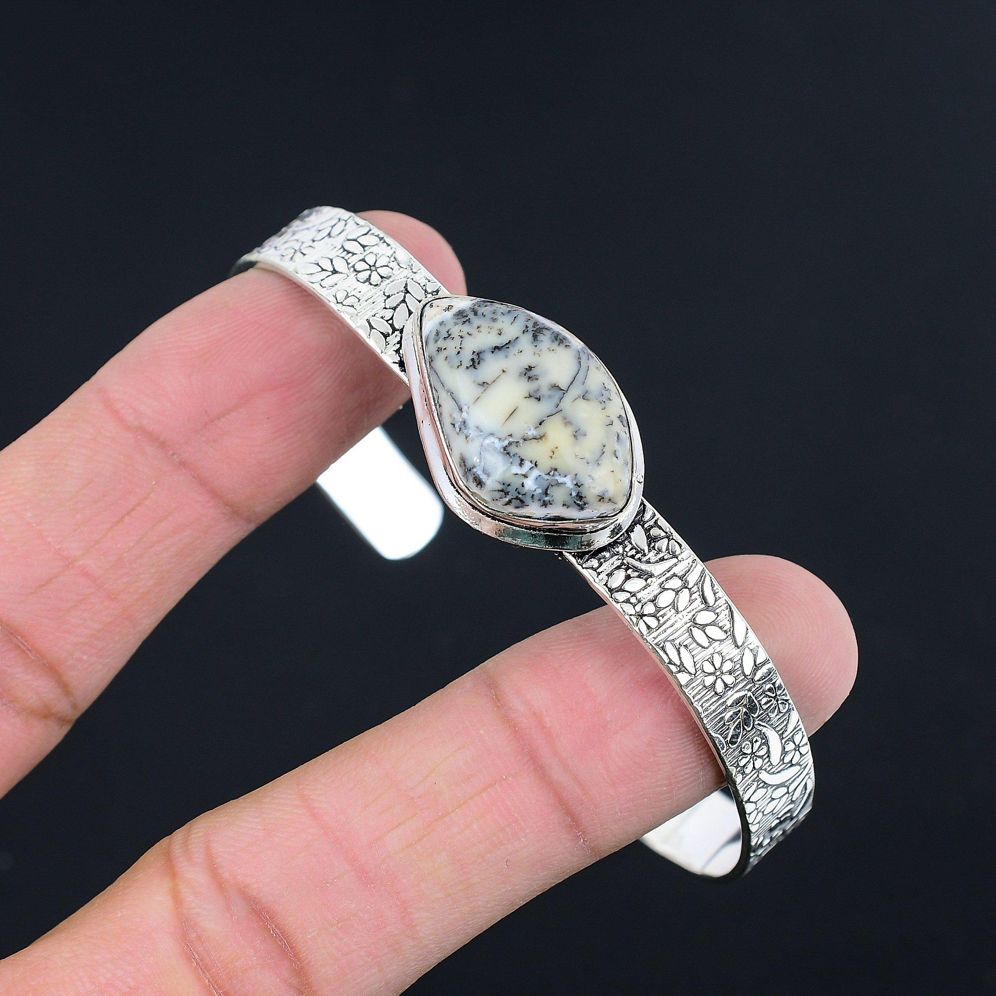 

Daughters Day Sale 925 Silver Dendrite Opal Gemstone Sister Boho Bangle Bracelet Adjustable