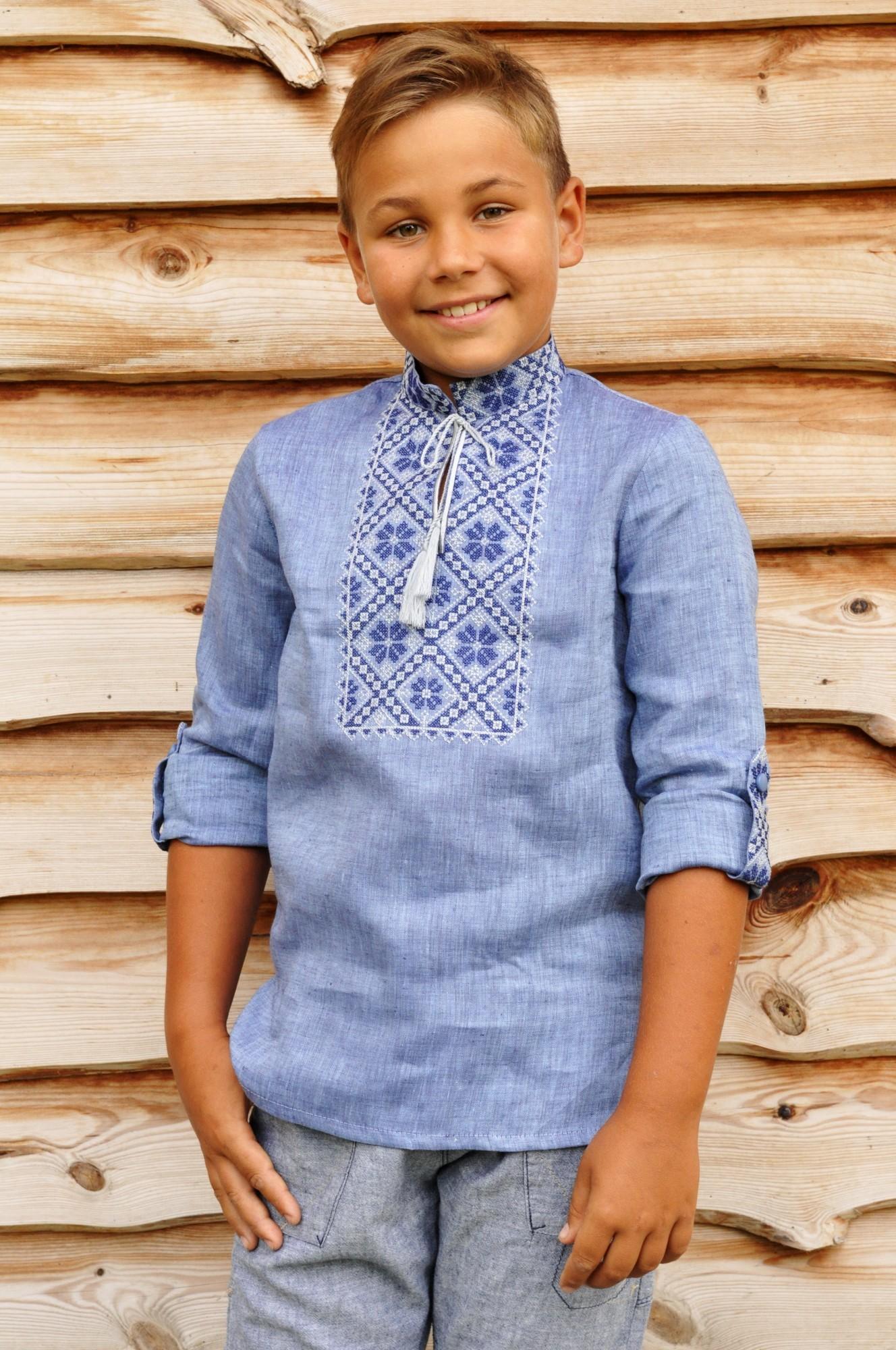 

Етнічна дитяча Сорочка з вишивкою з довгим рукавом, Українська сорочка з вишивкою, Народна вишиванка для хлопчика з натурального льону 104 джинсовий