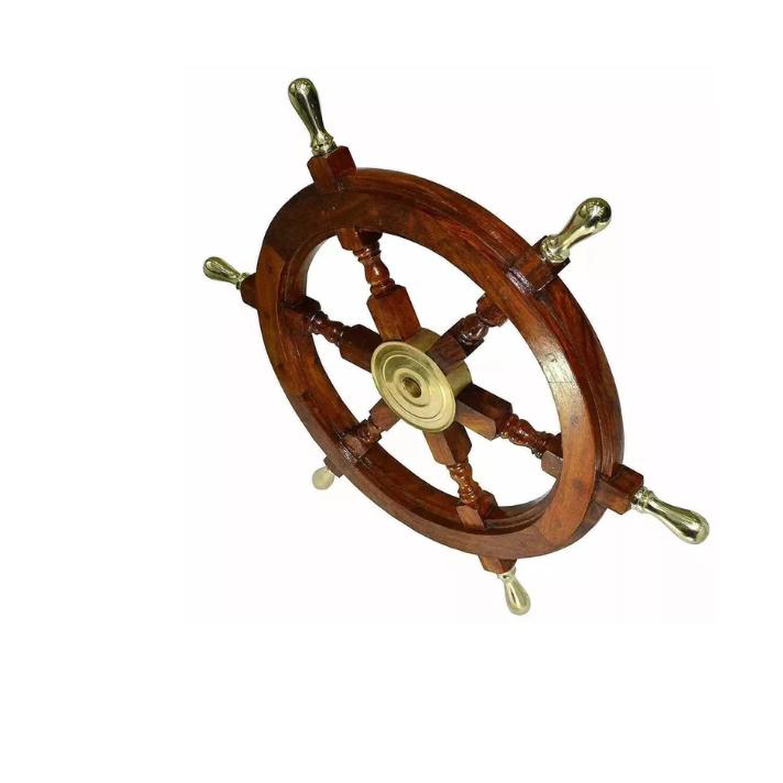 Vintage Nautical Ship Wheel Wall Decor - Wooden & Brass Collectible, Brown