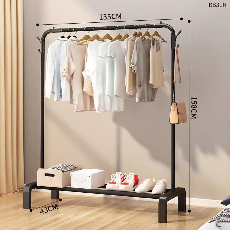Minimalist Indoor Floor-Standing Coat Rack with Double Pole and Shelf for Bedroom or Balcony