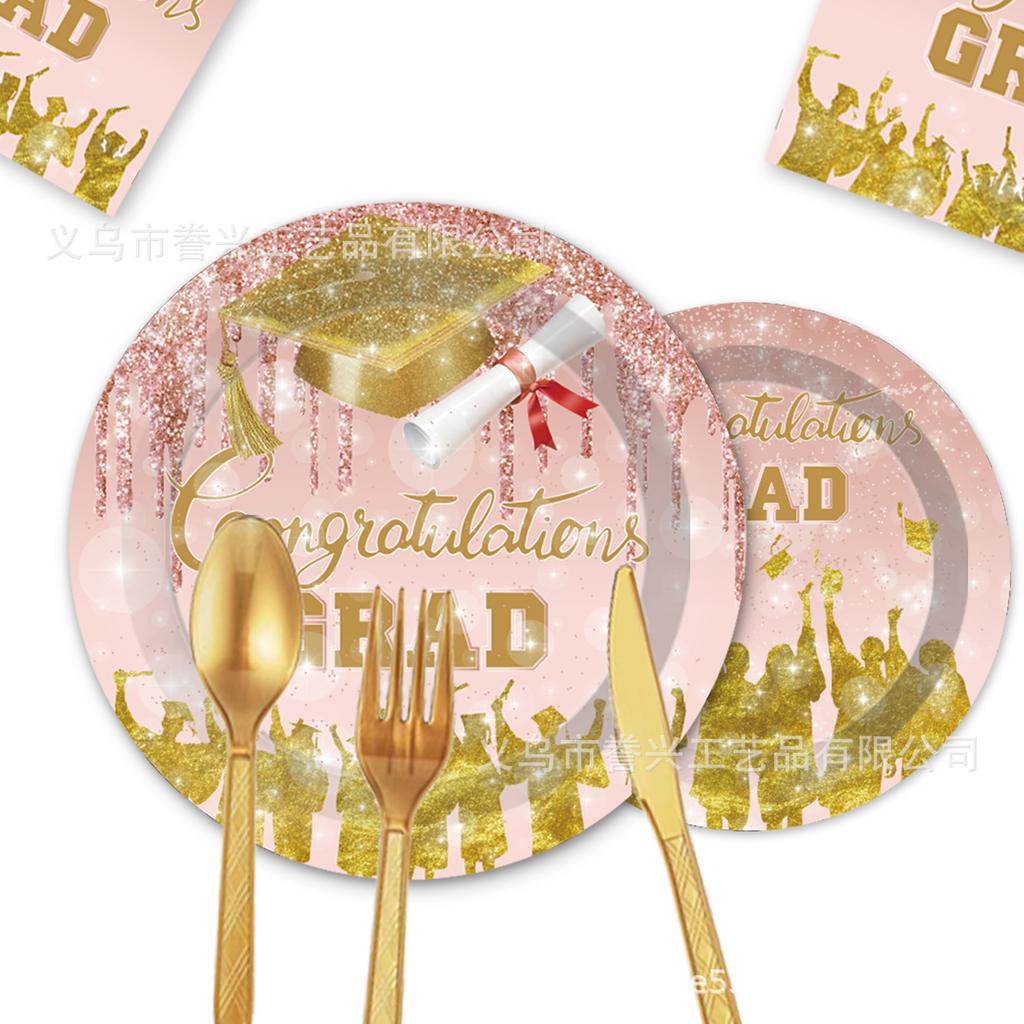 Graduation Season Party Tableware Disposable Paper Plates Tissue Supplies Pink Colorful Grad Graduation Ceremony