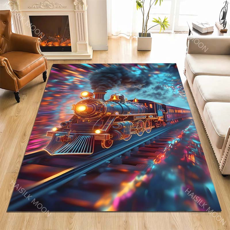 1PC Cyberpunk neon steam locomotive racing through tunnel Carpet for Living Room Bedroom Sofa Home Decor Rus Non-slip Floor Mat