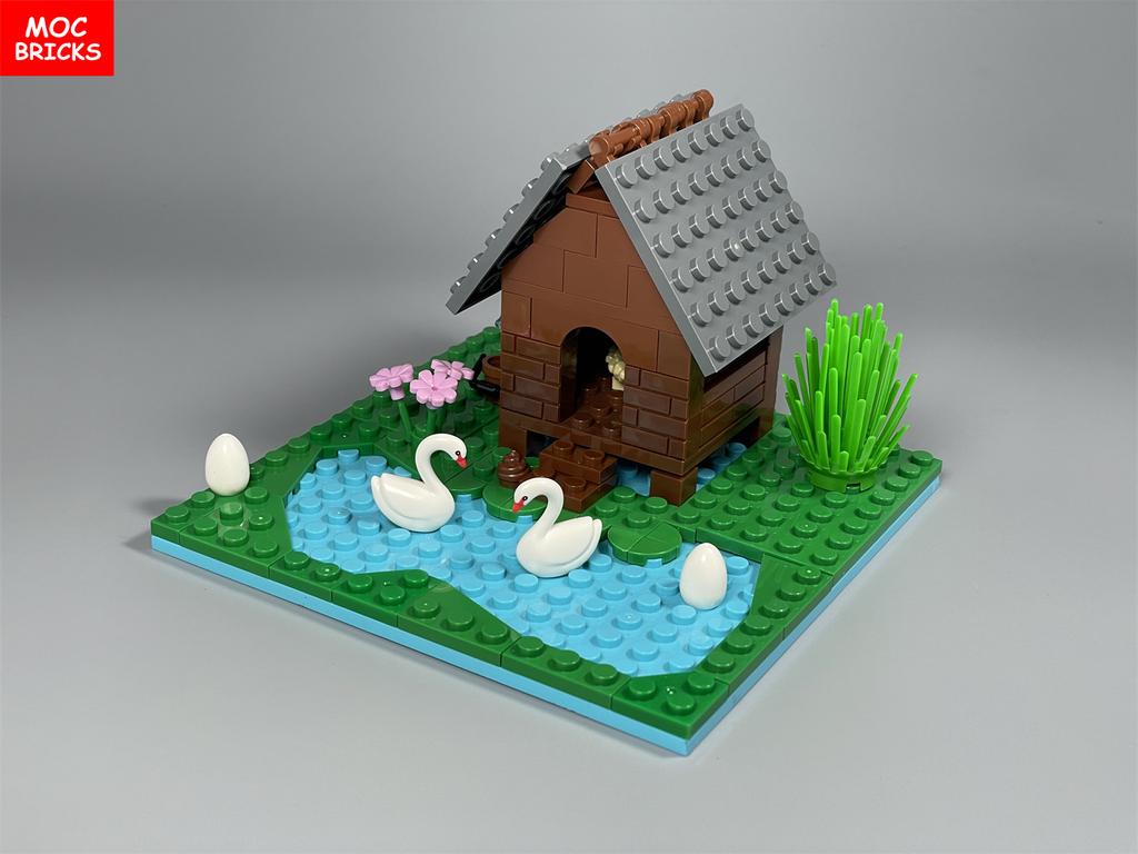 MOC Blocks Water Lake Pond River Duck House Swan Swim Scene Egg Lotus Animals Plant Construction Block Accessories Children's Toy