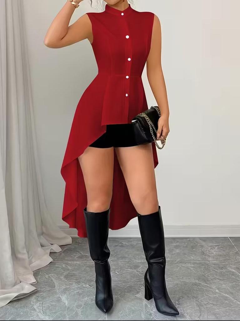 Women's Stand Collar Sleeveless High-Low Hem Shirt with Cinched Waist