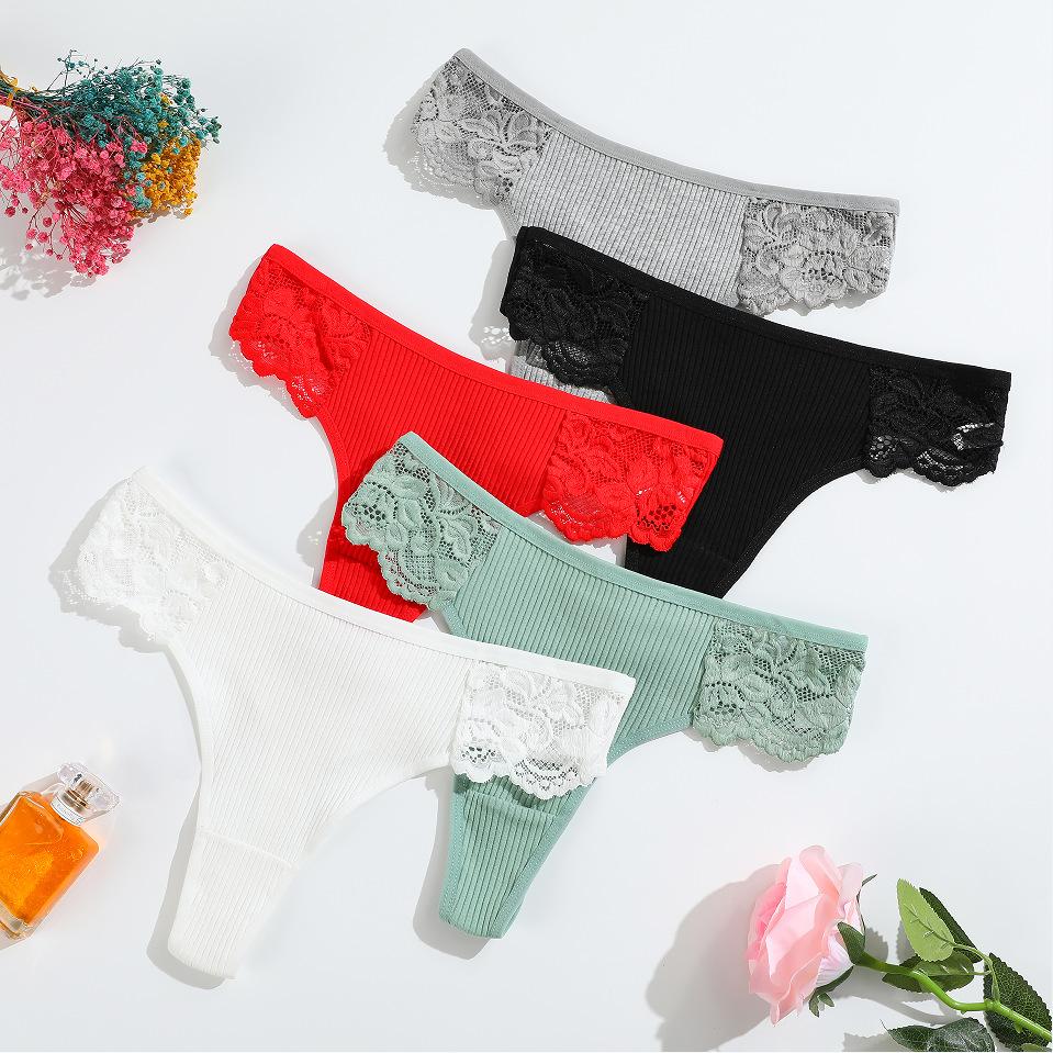 Thong Panties Girls Lace Belly Threaded Thongs Women'S Low Waist Breathable Pure Cotton T-Pants