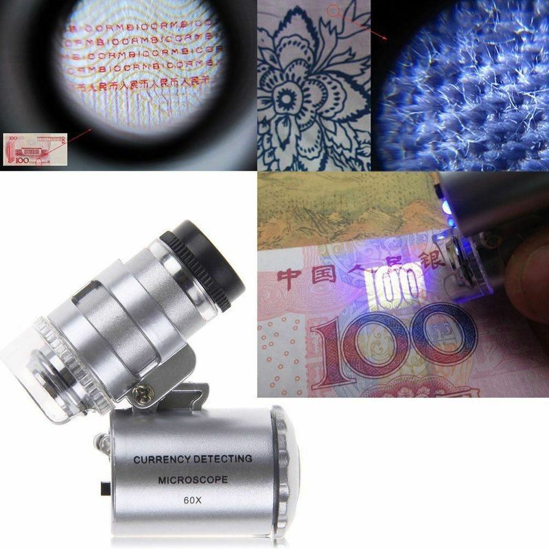 LED Jewelry Glass Microscope 60X Magnification Magnifier Lens Loupes Pocket Mini UV Light for Inspecting Diamond Stamp etc