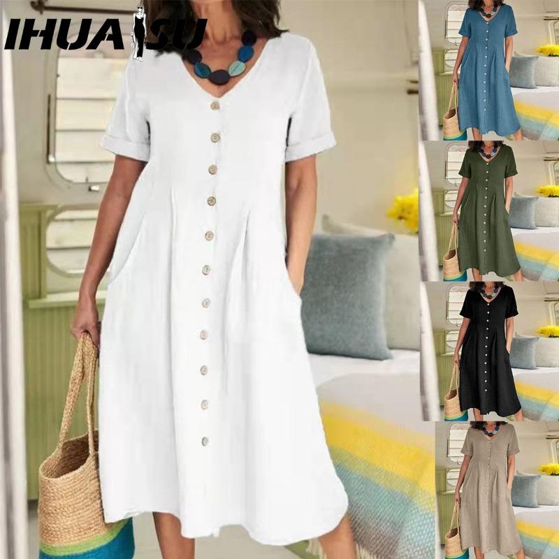 IHUASU Women Summer Casual Cotton V-Neck Short Sleeve Button Dress