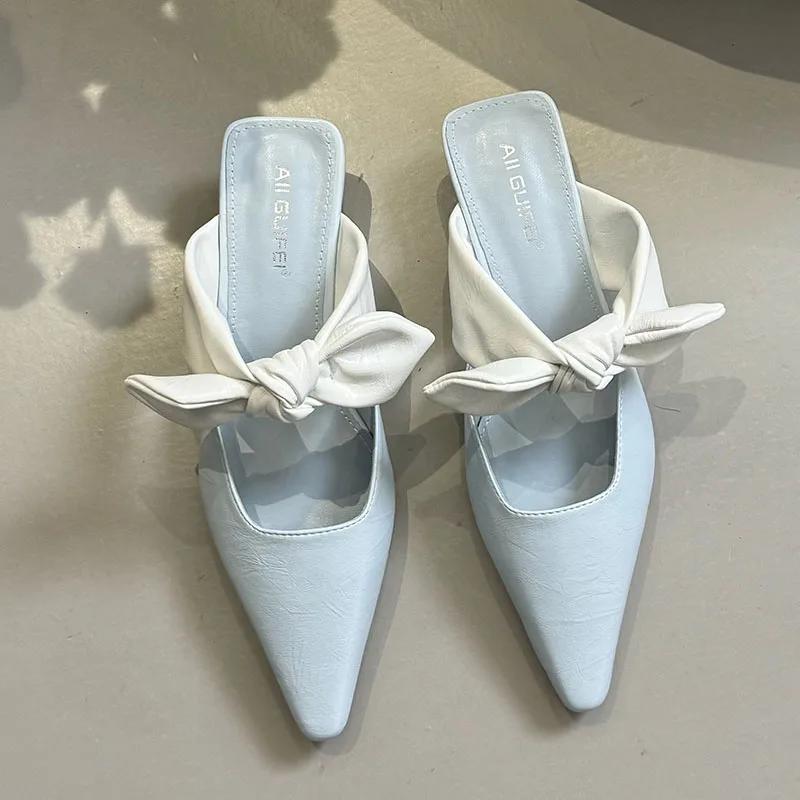 Fashion Sweet Butterfly-knot Low-heeled Slippers Women Elegant Pointed Toe Slingback Slide Sandals Comfort Concise Designer Office Shoes