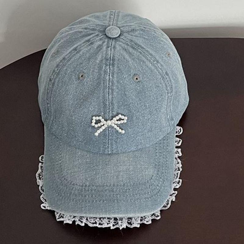 Stylish Women Fabric Baseball Hat with 3D Pearls Bowknot and Lace Trim for Outdoor Sports Activity Breathable Headwear