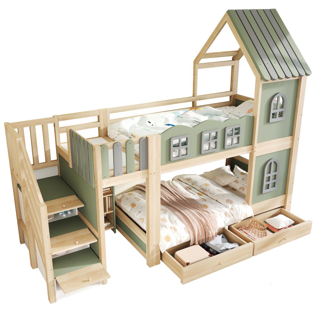 Kinderhochbett 90 x 200 cm, Wolkenförmige Bettgitter, Dach mit Fenstern, Stauraumleiter, Regale, Schubladen, Doppelbett aus Holz für Jungen, Mädchen, Grün