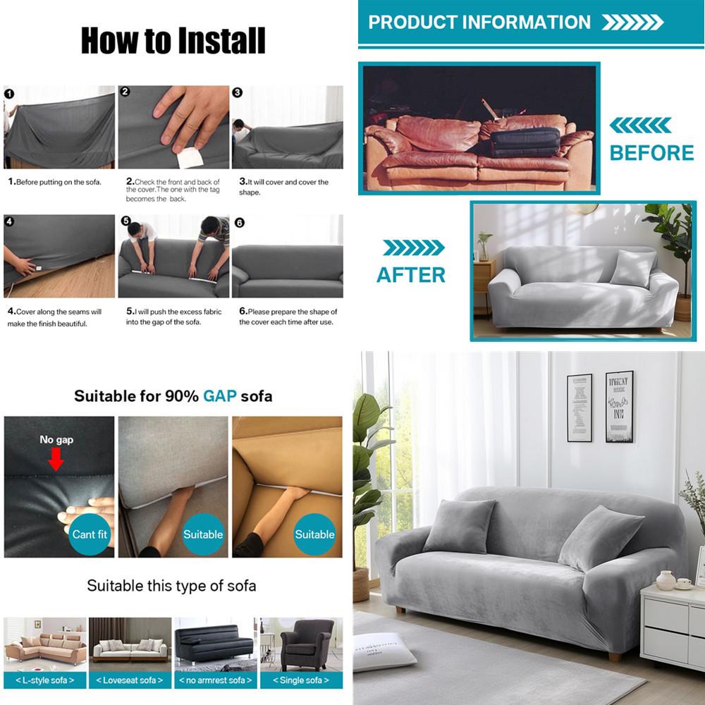 Stretch Velvet Plush Sofa Slipcover Furniture Protector Cushions Cover with Elastic Band Washable Home Recliner Chair Covers