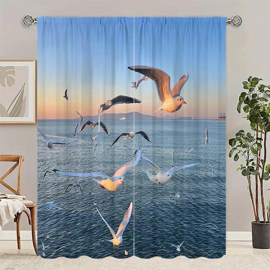 

2 Pcs Sea seagulls print curtains,suitable for bedroom,living room kitchen decoration,home decoration,window decoration 14Wx39L(35x100CM)x2&Rod Pocket