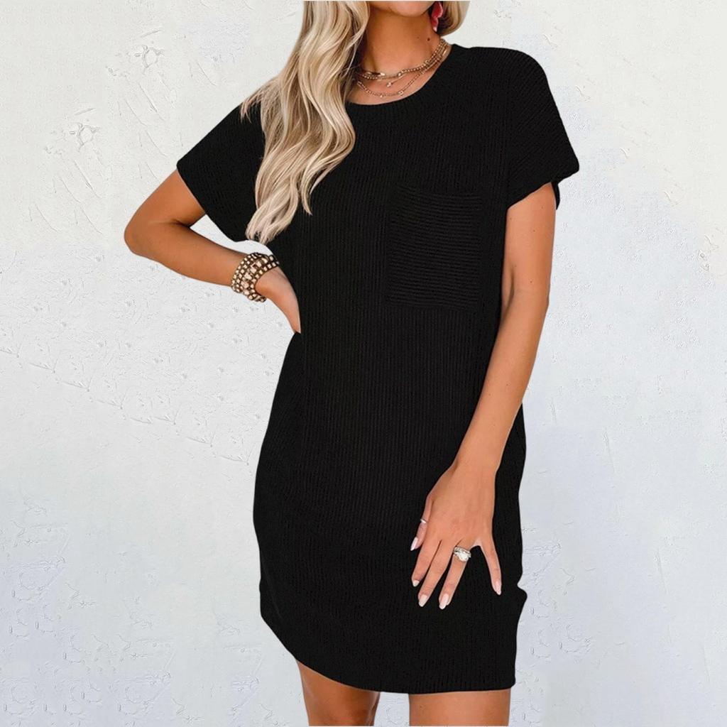 Damen Lässiges Modekontrastfarbenes verdrehtes Streifen-Kurzarmtaschenkleid