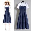 Women's Crew Neck Short Sleeve Midi Dress Slim Fit Mid Waist Solid Color Fake Two Piece Spaghetti Strap Tiered Casual Plus Size Dress