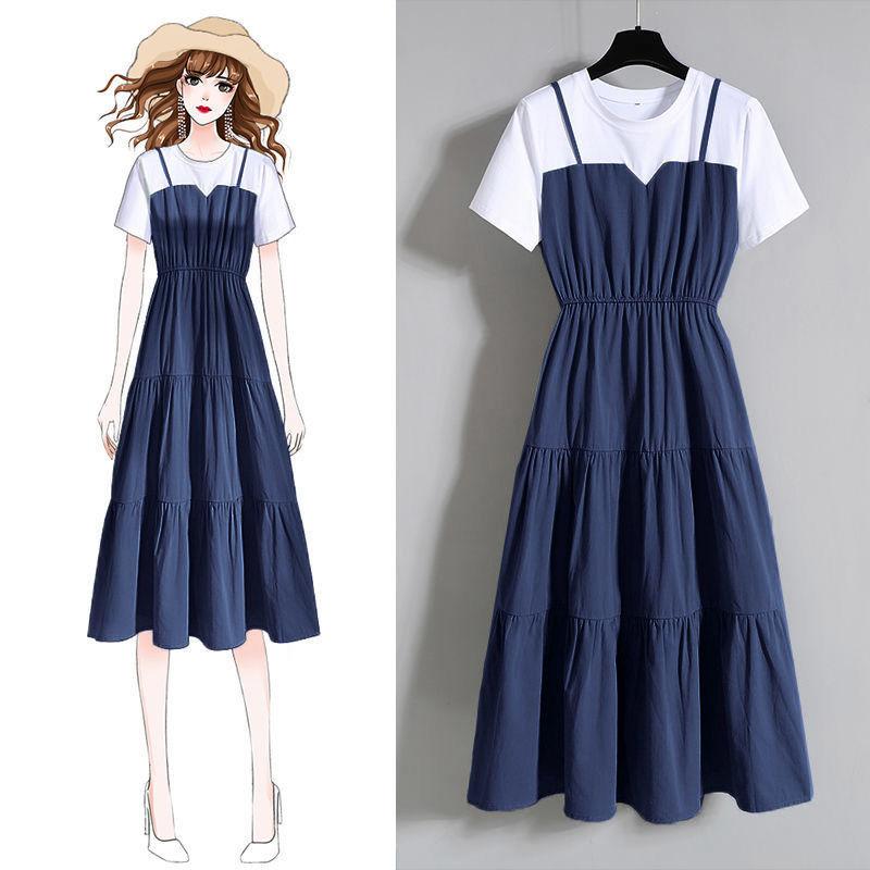 Women's Crew Neck Short Sleeve Midi Dress Slim Fit Mid Waist Solid Color Fake Two Piece Spaghetti Strap Tiered Casual Plus Size Dress