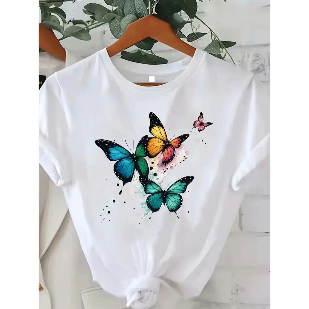 Women's T-Shirt Print Short Sleeve Round Neck Top Fit Casual Shirt with White Base Butterflies