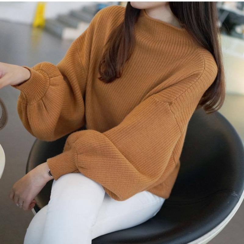 Women's Plus-Size Turtleneck Short-Sleeve Lantern-Sleeve Pullover Sweater Korean-Style Thickened Loose Puff-Sleeve Knitted Batwing Top