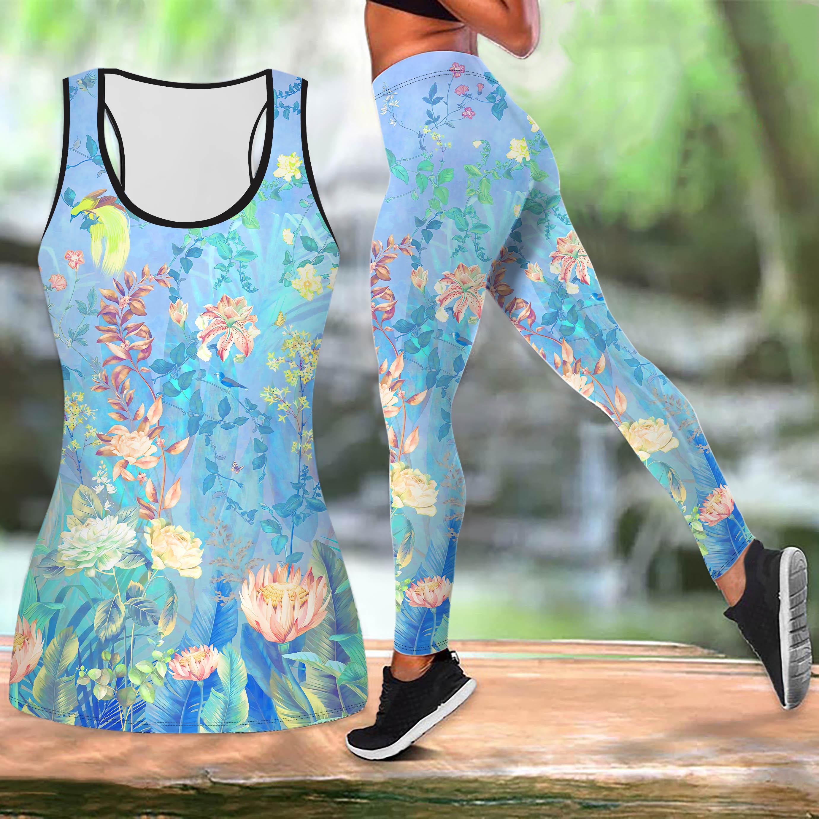 

Одяг для йоги з елегантним малюнком і квітами для жінок. Модні легінси для тренувань. Фітнес. Повсякденний набір для йоги. Спортивний костюм. XS синій