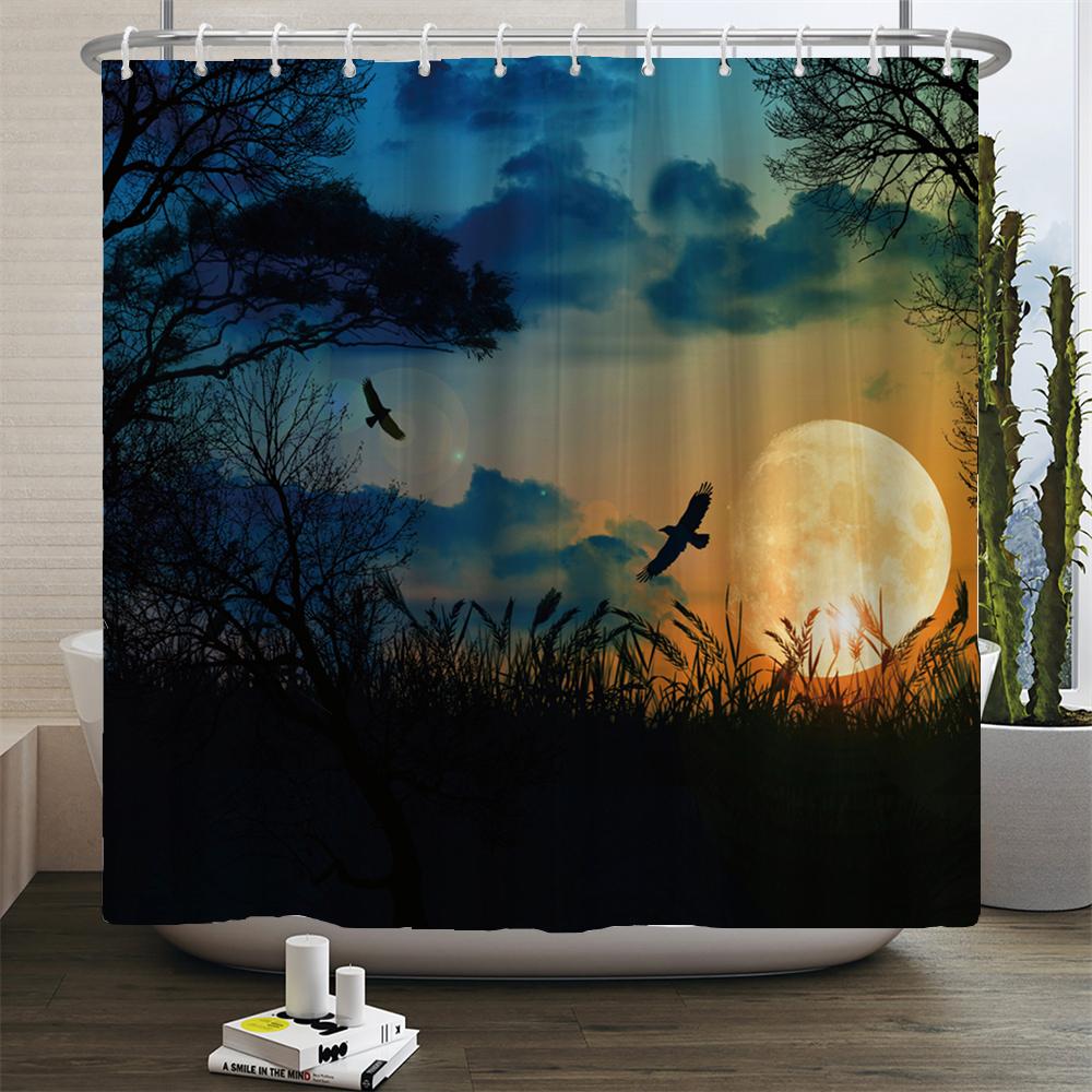 Full Moon Shower Curtain Ocean Landscape Starry Sky Waterproof Fabric Shower Curtains Bathroom Accessories Curtain With Hooks