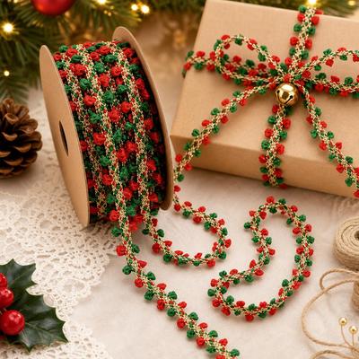Christmas Ribbon 5Yards Red Green Gold Woven Trim For Gift Wrapping DIY Bow Craft Holiday Decor