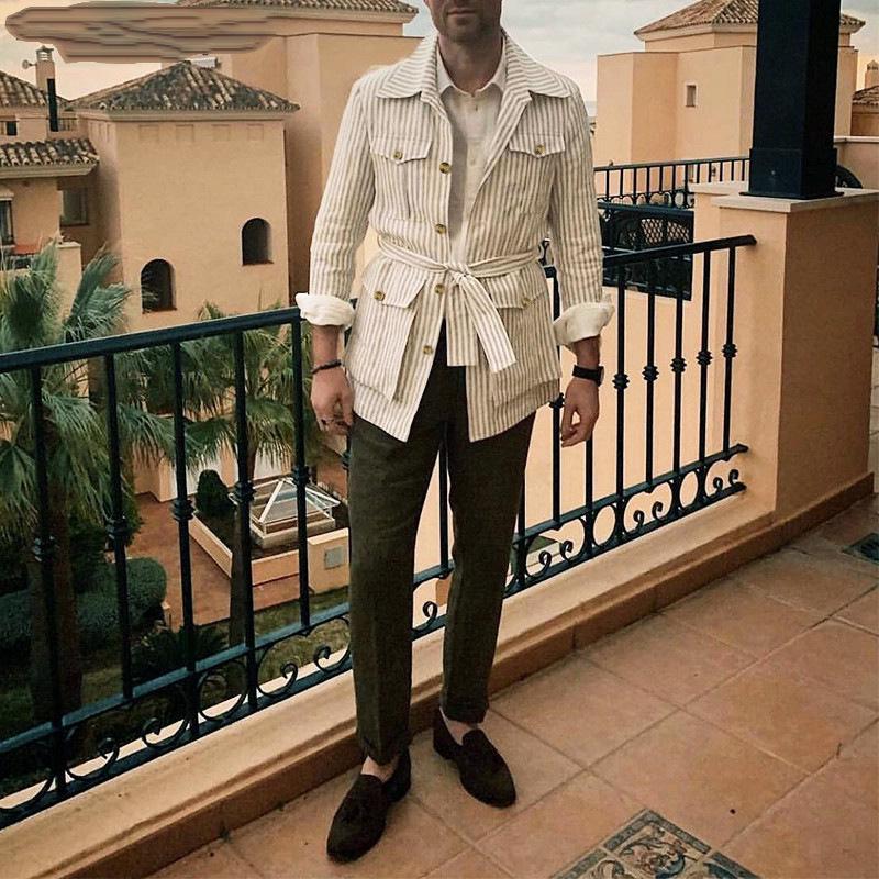 Men's Striped Multi-Pocket Long-Sleeve Cardigan Jacket for Spring and Autumn