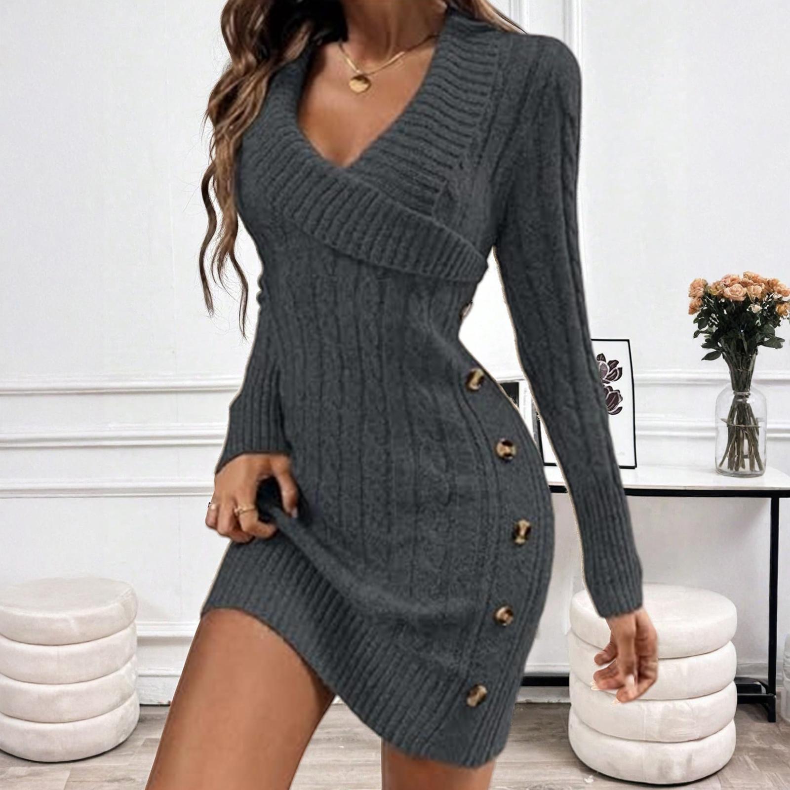 

Women s Fashion Casual Knitting Dough Twists Dress V-neck Sweater Dress S