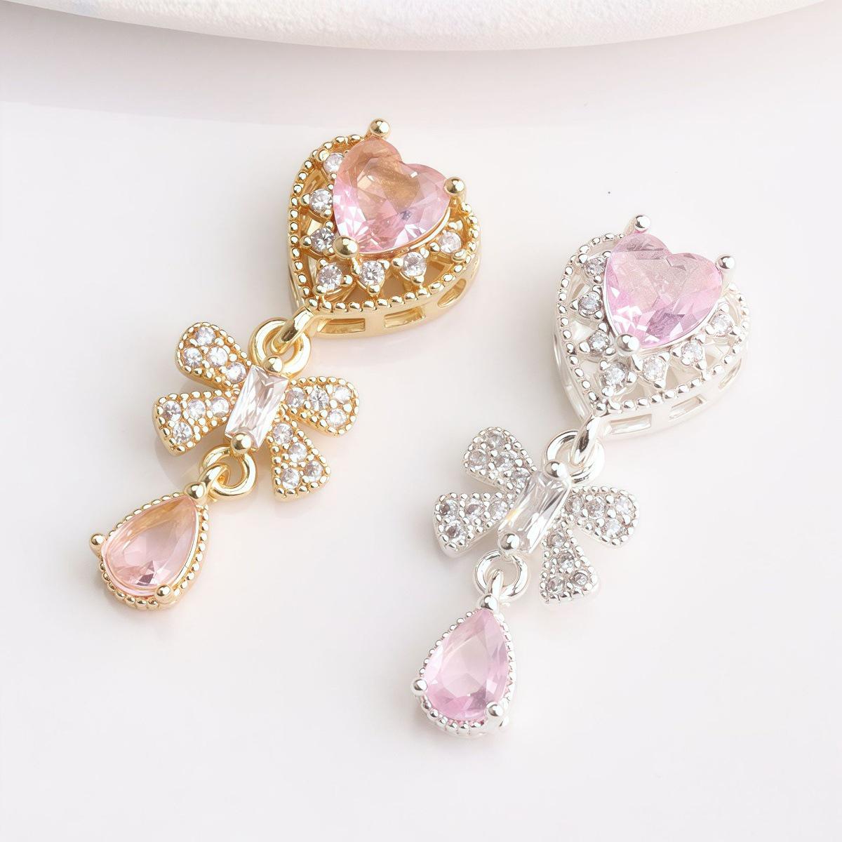 14K Gold Plated Zircon Heart Bow Pendant Beads for DIY Crystal Bracelets