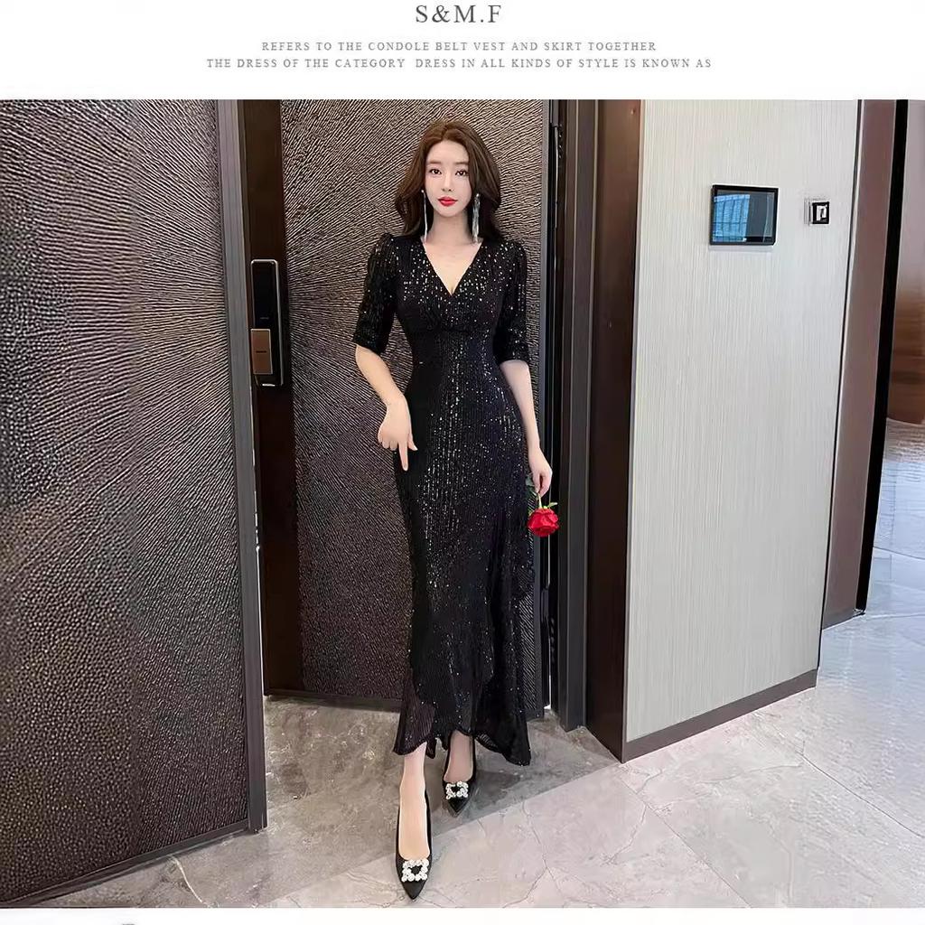 Schwarzes Abendkleid Damen High-End Light Luxury Nische Bankett Gastgeber Pailletten Fischschwanzkleid