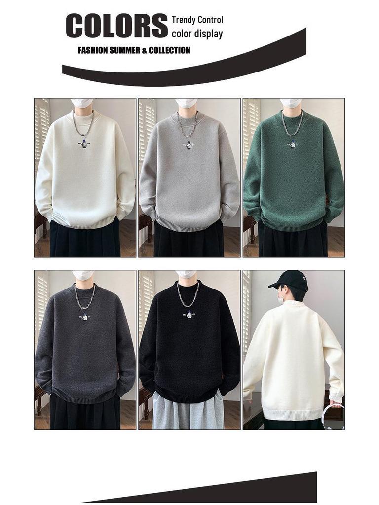 KM1023 Winter Plus Velvet High Neck Embroidered Men's Sweater - Thickened Base Layer Knitwear.