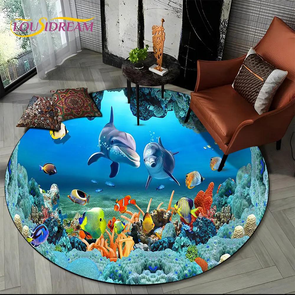 3D Seabed Illusion Underwater World Dolphin Round Area Rug,Carpet for Living Room Bedroom Sofa Playroom Decor,Non-slip Floor Mat