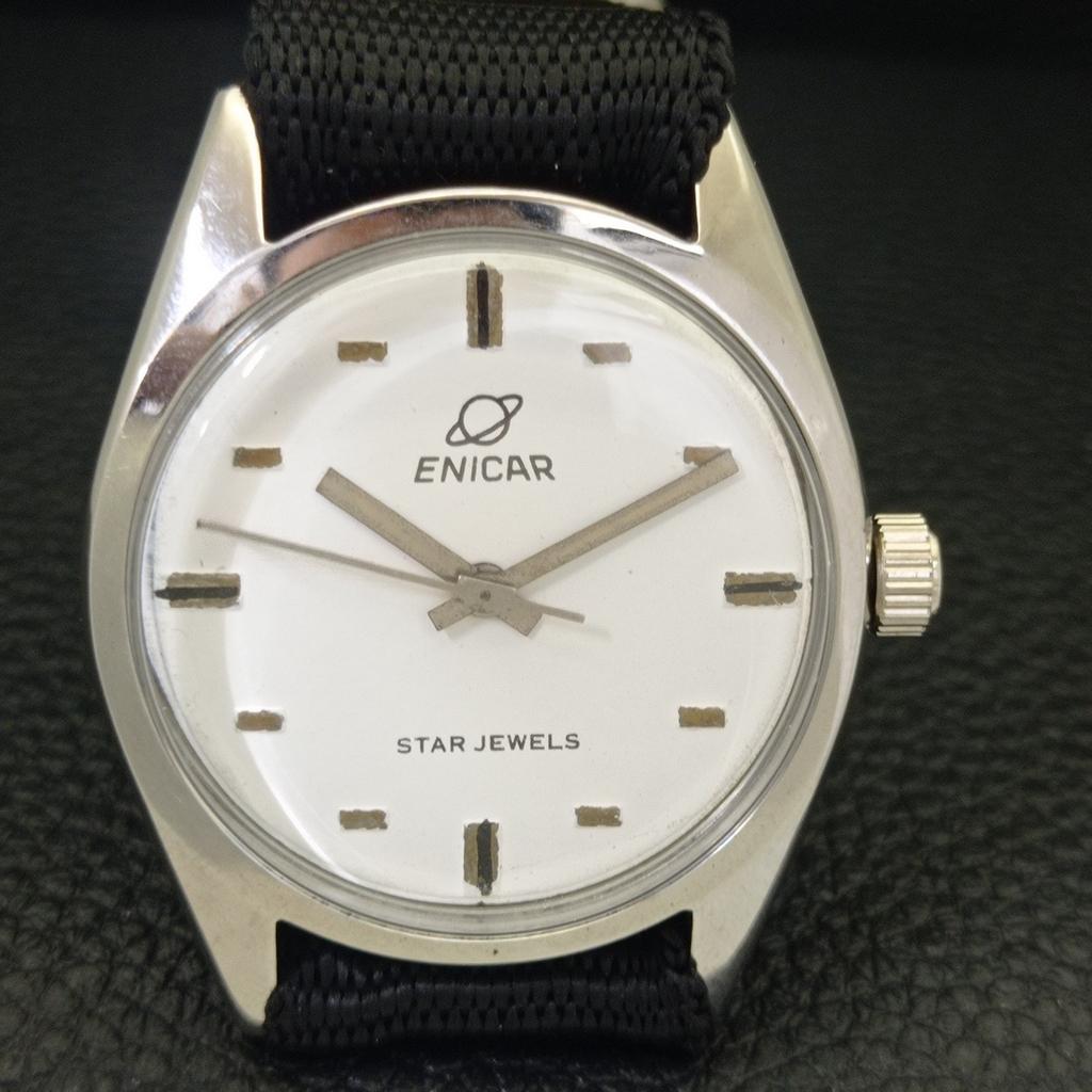 SWISS VINTAGE ENICAR STAR JEWELS 1140 HAND-WINDING MENS WHITE WATCH a702038-5 R208-a702038