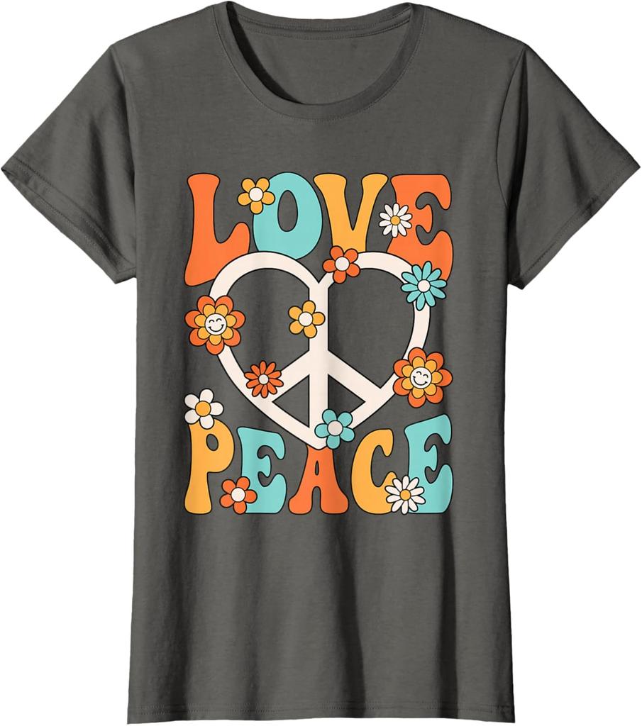 Love Peace Sign Groovy Hippie Graphic Tee Retro 70s Style Cotton T-Shirt for Women
