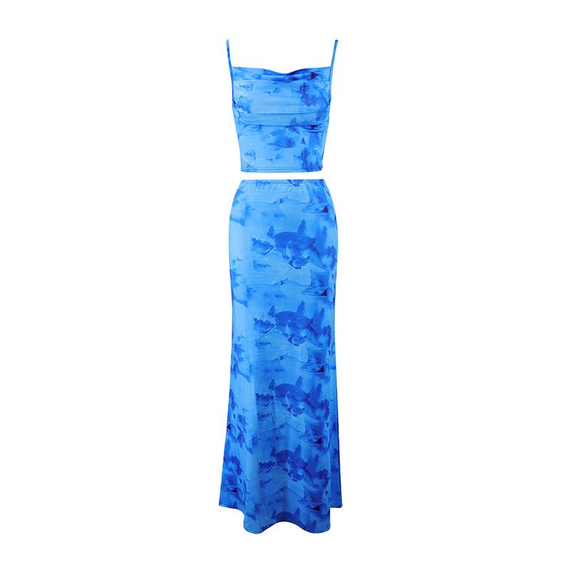 Women Blue Strapless Crop Top and Floral Print Mermaid Maxi Skirt Two Piece Set S