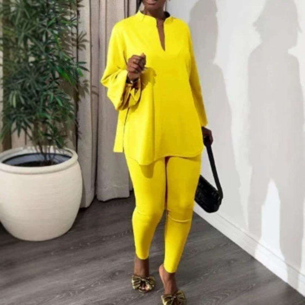 Women's Loose Fit Two-piece Outfit Set Long Sleeve Stand Collar Top Elastic Waist Leggings